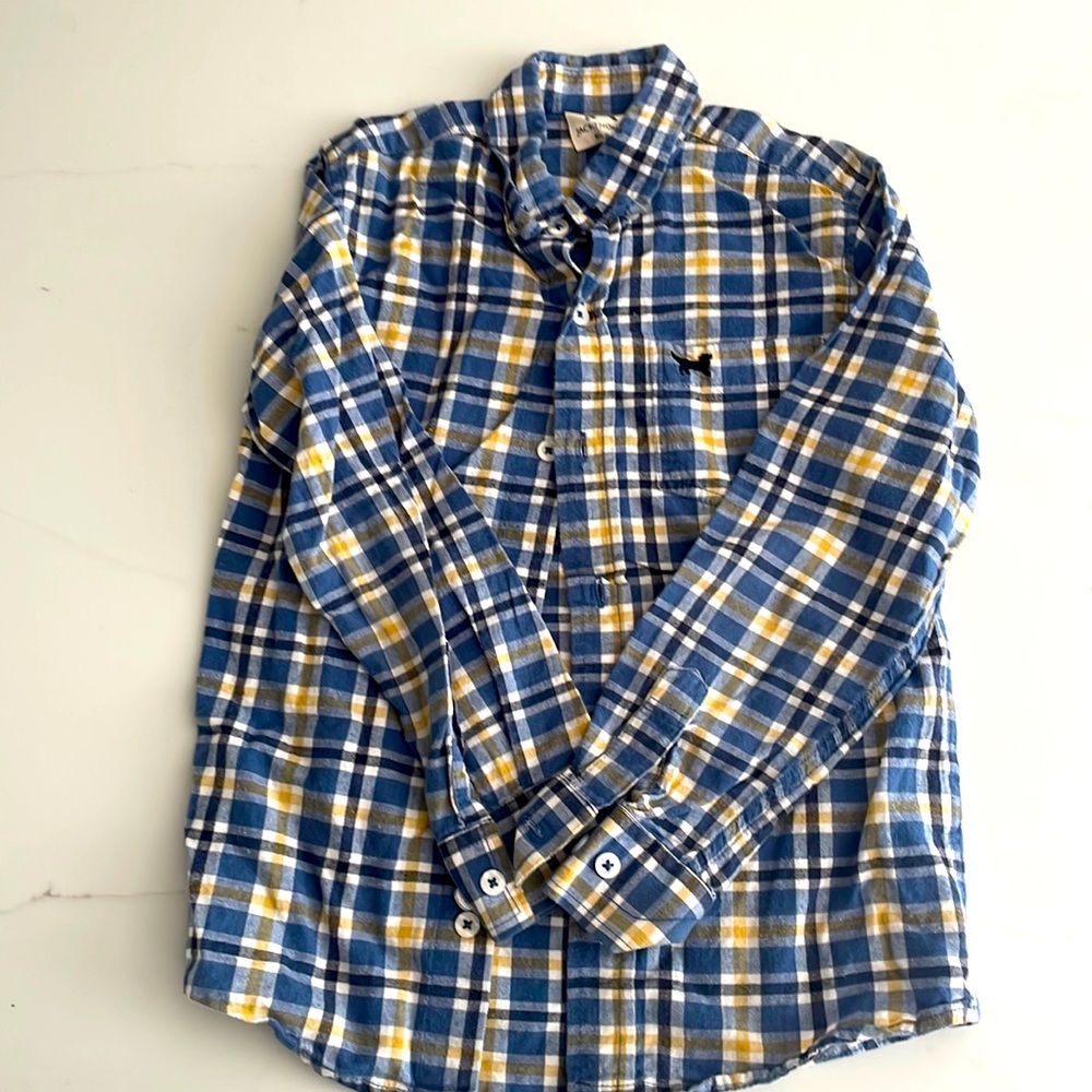 Boys Blue with Yellow accent stripe plaid button down shirt by Jack Thomas
